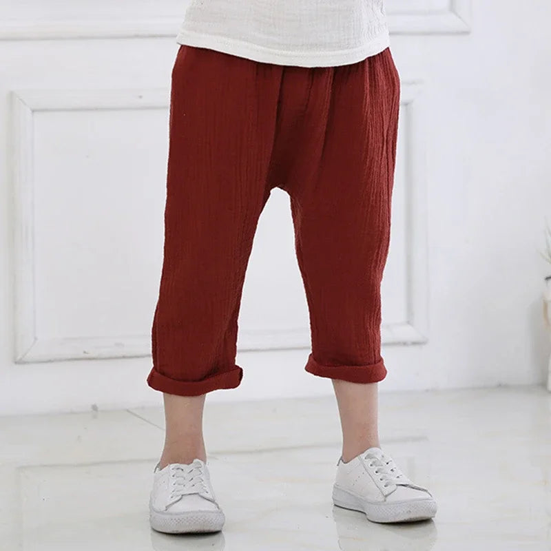 Kids Pants Boy Girl Summer Solid Color Linen Trousers Ankle-Length Pants