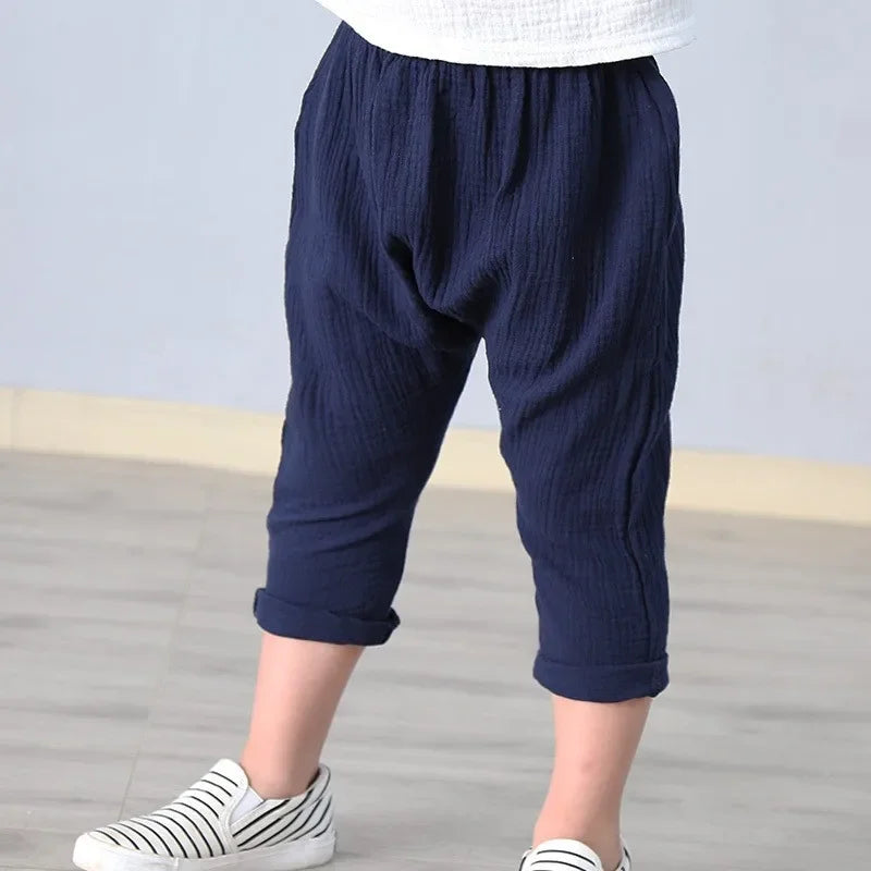 Kids Pants Boy Girl Summer Solid Color Linen Trousers Ankle-Length Pants