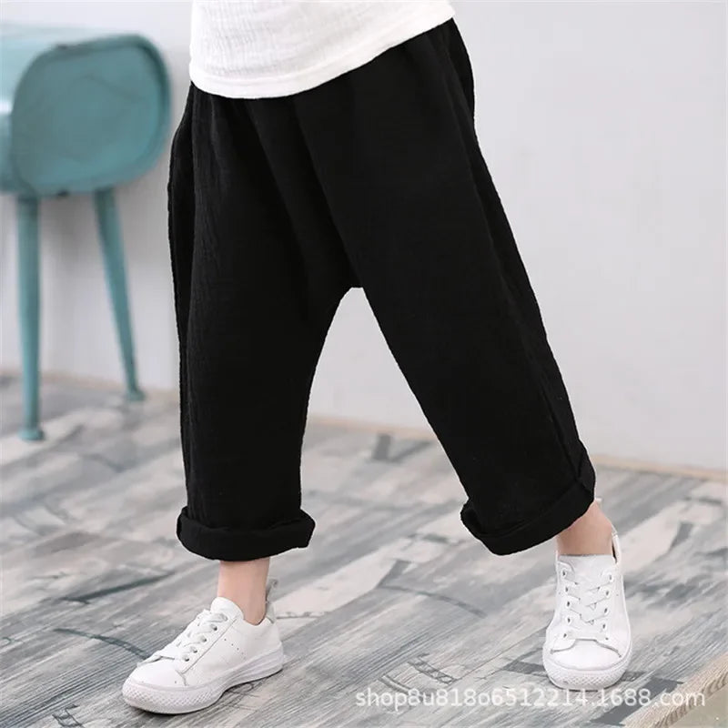 Kids Pants Boy Girl Summer Solid Color Linen Trousers Ankle-Length Pants