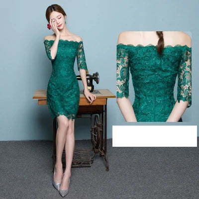 2025 Short Fashion Elegant Medium Sleeves Lace Green Color Cocktail Dress