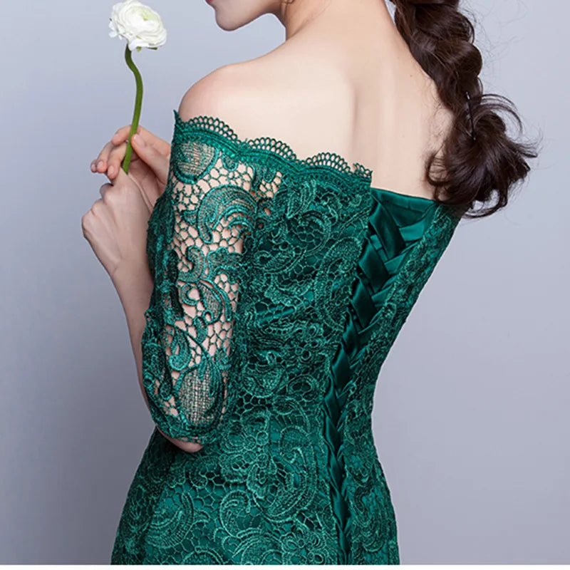 2025 Short Fashion Elegant Medium Sleeves Lace Green Color Cocktail Dress