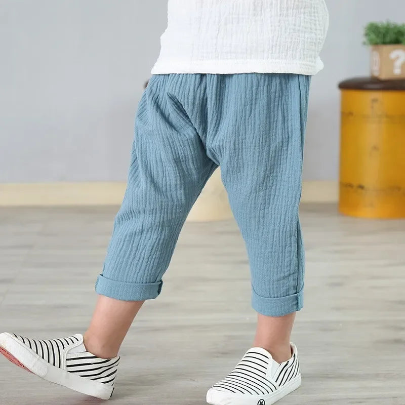 Kids Pants Boy Girl Summer Solid Color Linen Trousers Ankle-Length Pants