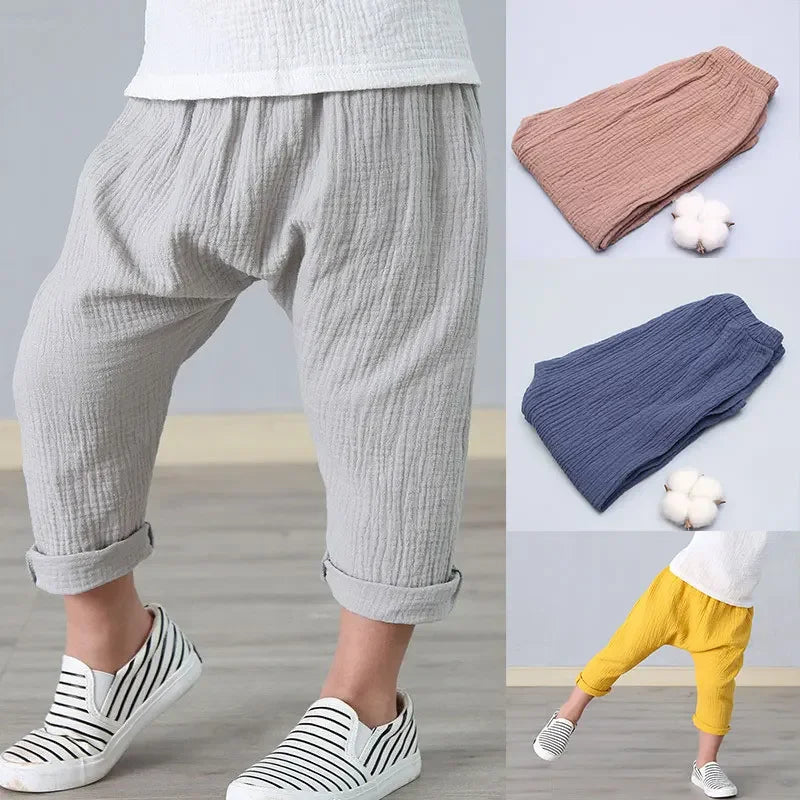 Kids Pants Boy Girl Summer Solid Color Linen Trousers Ankle-Length Pants