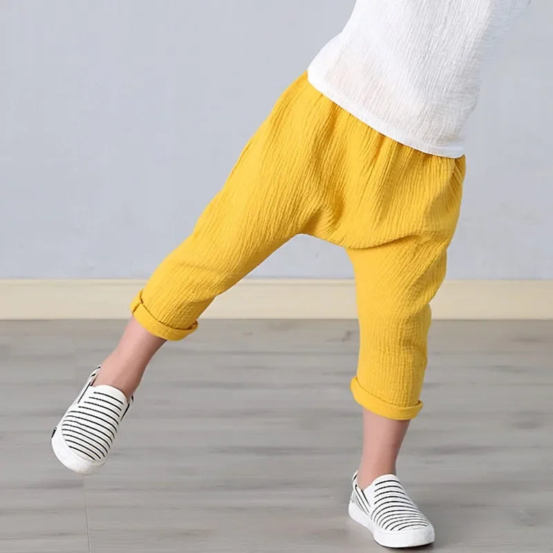 Kids Pants Boy Girl Summer Solid Color Linen Trousers Ankle-Length Pants