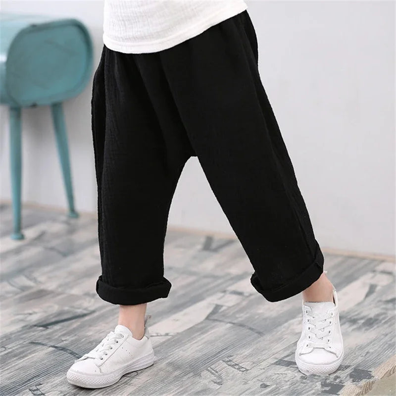 Kids Pants Boy Girl Summer Solid Color Linen Trousers Ankle-Length Pants