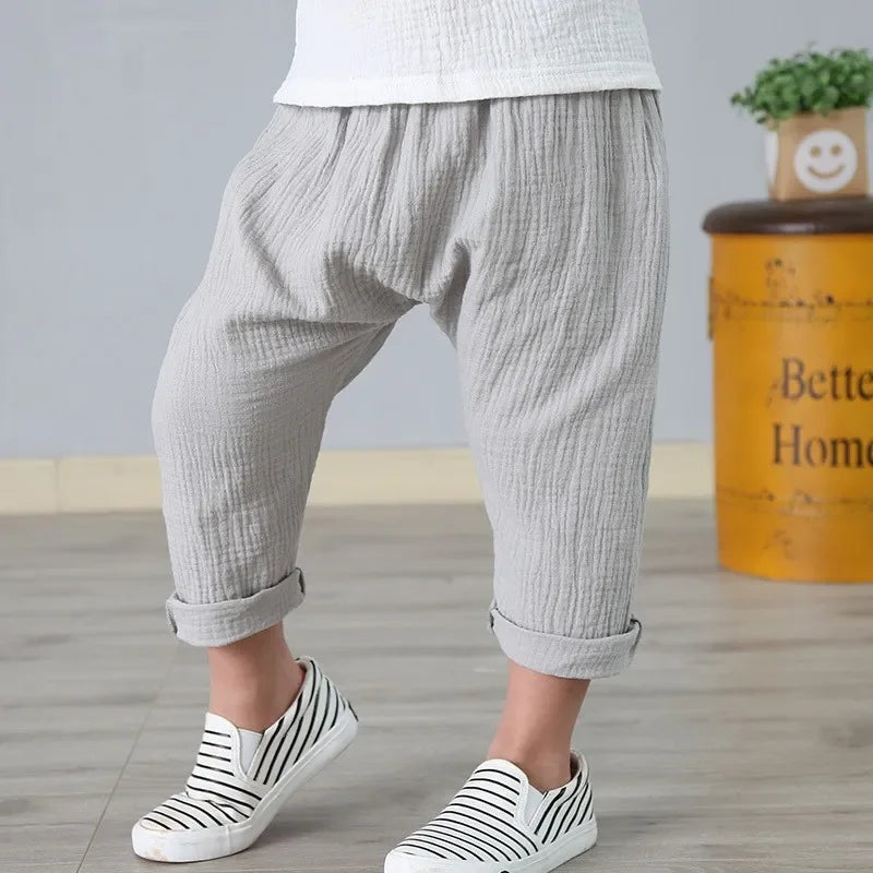 Kids Pants Boy Girl Summer Solid Color Linen Trousers Ankle-Length Pants