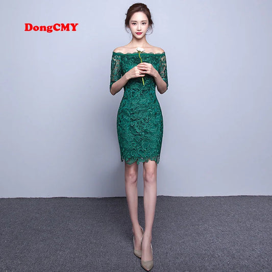 2025 Short Fashion Elegant Medium Sleeves Lace Green Color Cocktail Dress